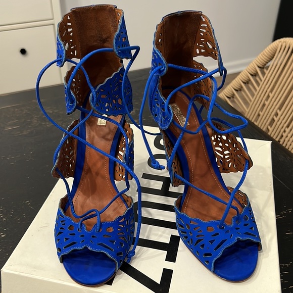 Schutz Ciara Bright Blue Suede Lace-up Heels in Color Klein - Picture 8 of 9